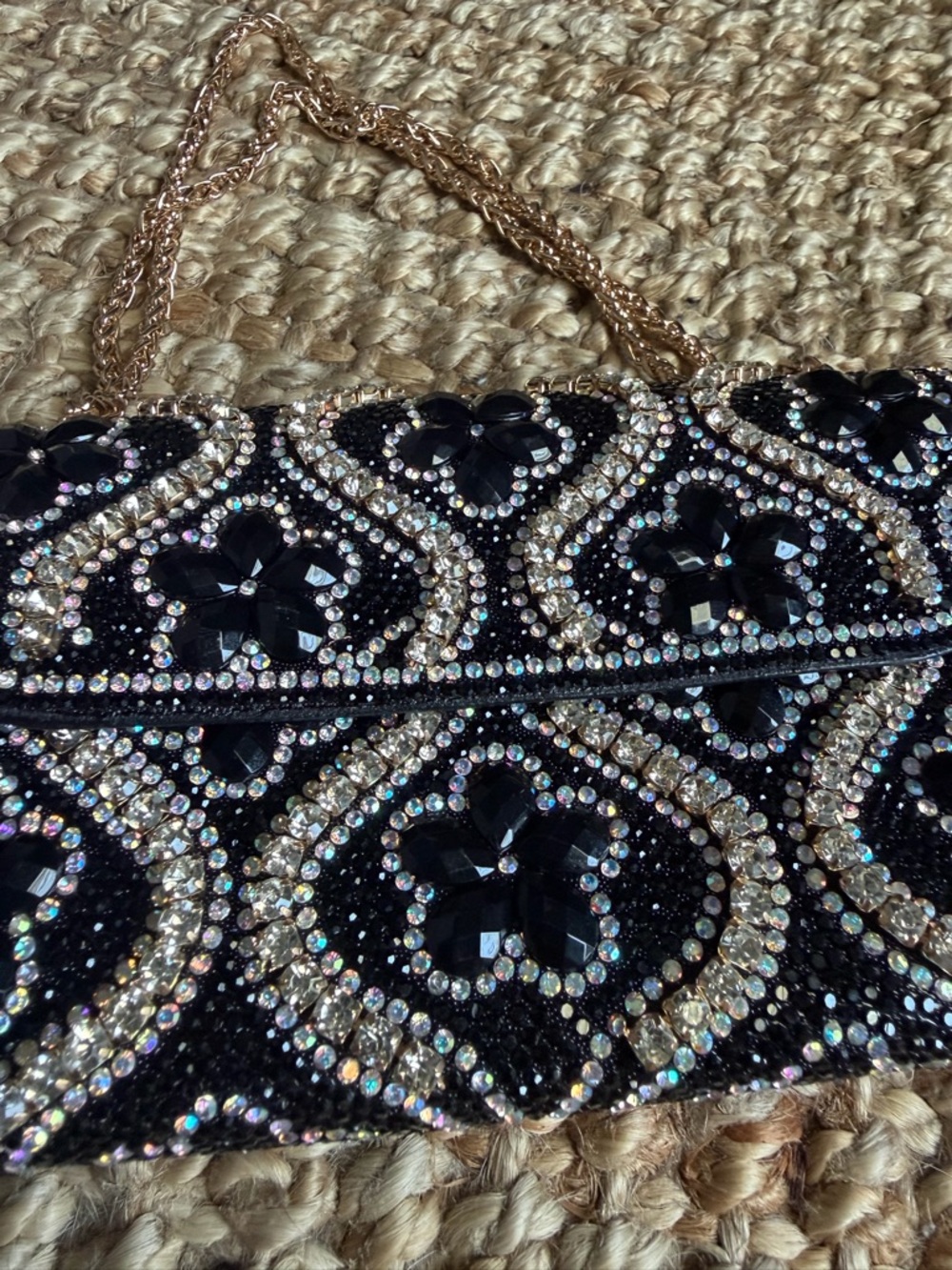 Black Beaded Evening Clutch with Gold Chain - Picture 2 of 6